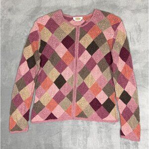 Vintage Y2K Pink Crochet Patchwork Cardigan Sweater Boho Grannycore Cottagecore